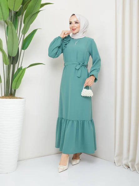 Krep Kumaş Omuz Fırfırlı Elbise - 9