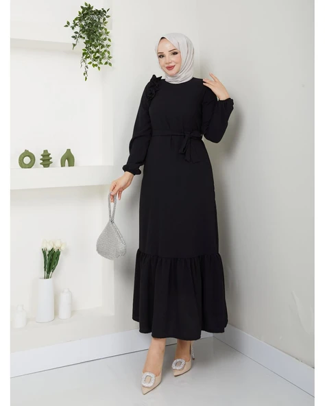 Krep Kumaş Omuz Fırfırlı Elbise - 5