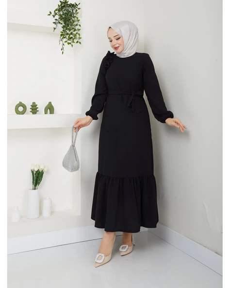 Krep Kumaş Omuz Fırfırlı Elbise - 4