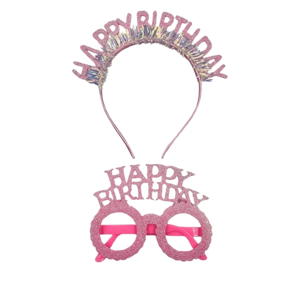 Plastik Happy Bırthday Simli Taç Gözlük Pembe 2 li Set