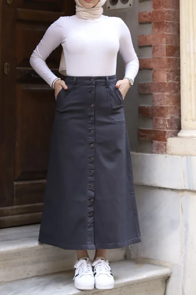 Boydan Düğmeli Gabardin Etek - 3
