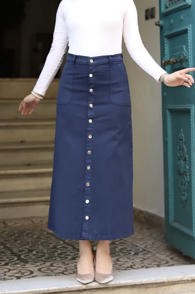 Boydan Düğmeli Gabardin Etek - 10