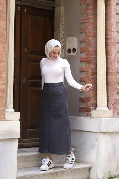 Boydan Düğmeli Gabardin Etek - 5