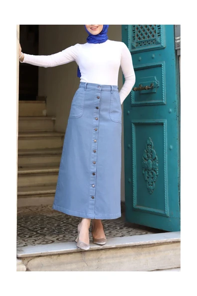 Boydan Düğmeli Gabardin Etek - 4