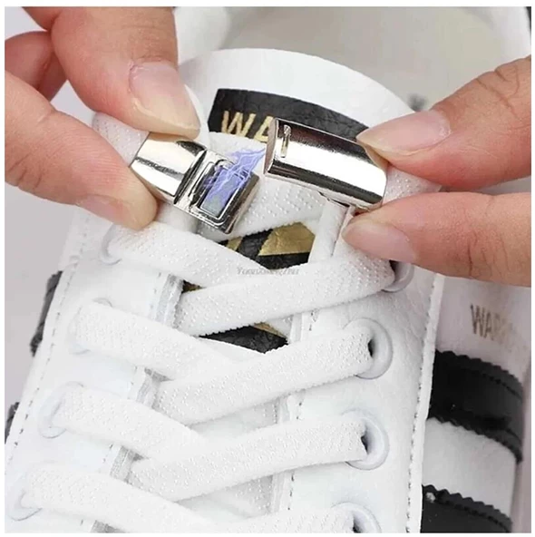 Mıknatıslı NİKEL KAPAMALI Elastik Yassı Bağcık 100 cm 1 Çift Beyaz - Resim 2