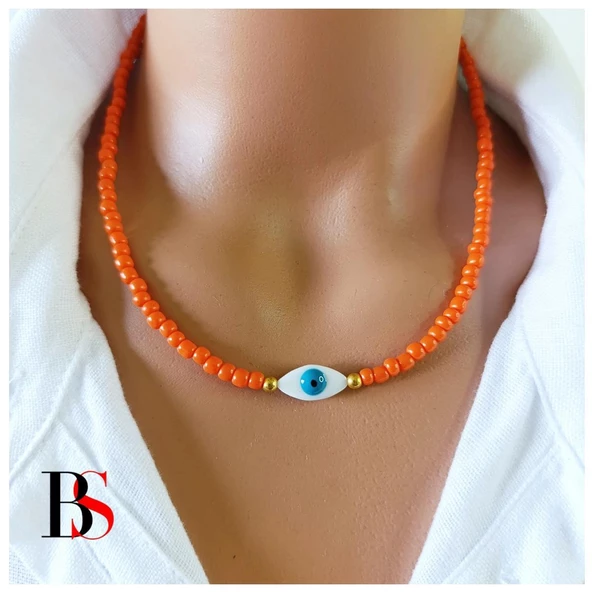 Sedef Doğal Taş - Nazar Boncuğu - Turuncu Kesme Boncuk Kadın Kolye