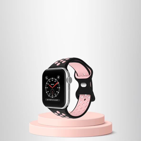 Apple Watch 42 44 45 49 Mm/L Kordon Kayış Bileklik Delikli SİYAH-PEMBE