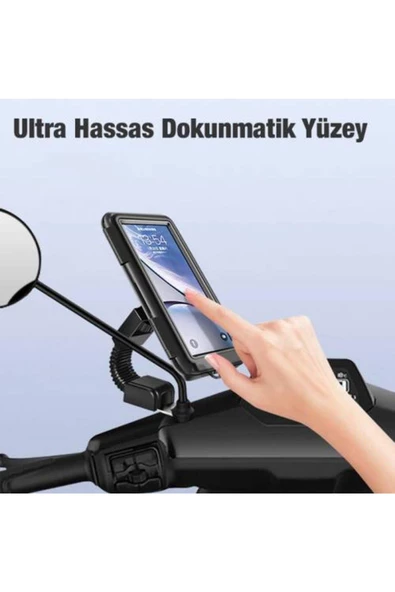 Motosiklet, Scooter Için Aynaya Takılan Su Geçirmez Telefon Tutucu, Dokunmatik Kapaklı Tutucu