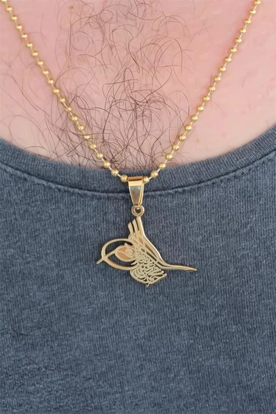 Gold Renk Metal Osmanlı Tuğra Figürlü Erkek Kolye - 2