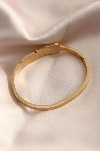 Gold Renk Yaprak Model Zirkon Taş Detay Kelepçe Kadın Bileklik - Resim 2