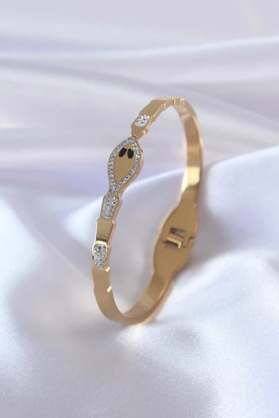 316L Çelik Gold Renk Yılan Model Zirkon Taş Detay Kadın Kelepçe ürün görseli 1