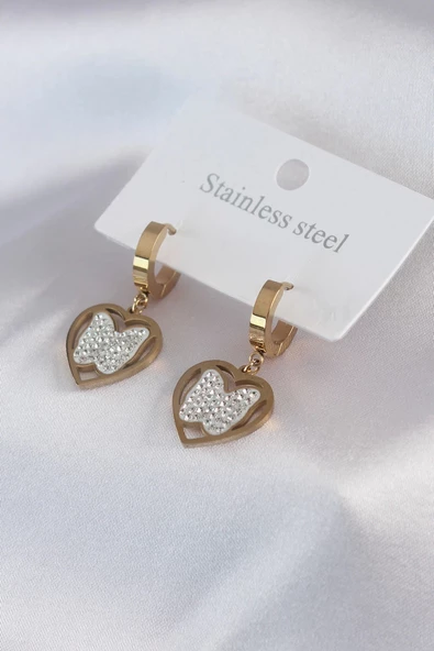 316L Çelik Gold Renk Kelebek Model Zirkon Taş Detay Kadın Küpe ürün görseli 1