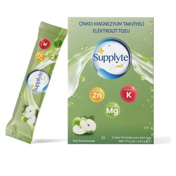 Supplyte Çinko Magnezyum Takviyeli Elektrolit Saşe Elma Aromalı 8'Li