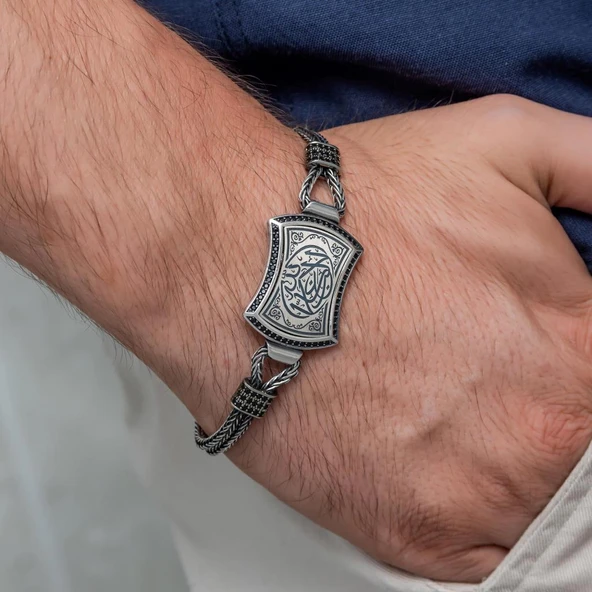 La Galibe İllallah Hat Yazılı 925 Ayar Gümüş Erkek Bileklik Künye - Resim 5