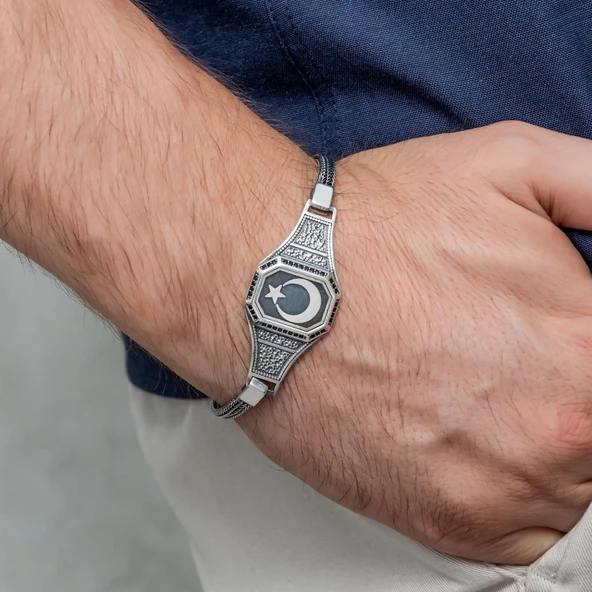 Ayyıldız Desenli 925 Ayar Gümüş Erkek Bileklik - Resim 6