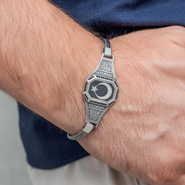 Ayyıldız Desenli 925 Ayar Gümüş Erkek Bileklik - Resim 4