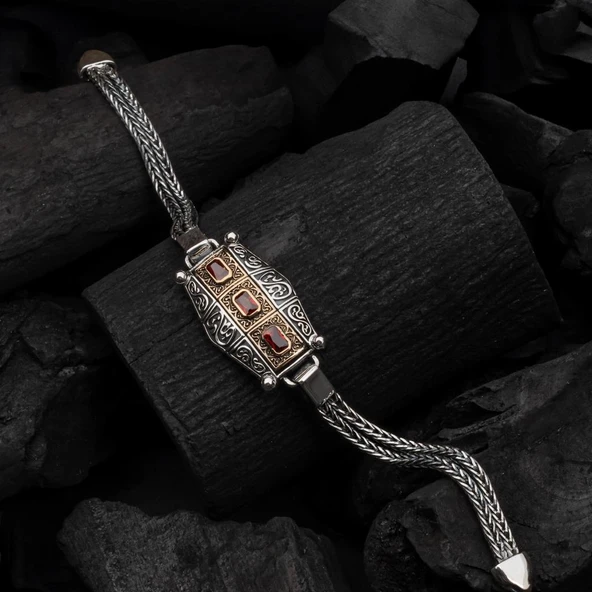 Kırmızı Üç Taş Motifli 925 Ayar Gümüş Erkek Bileklik ürün görseli 1