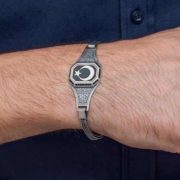 Ayyıldız Desenli 925 Ayar Gümüş Erkek Bileklik - Resim 5