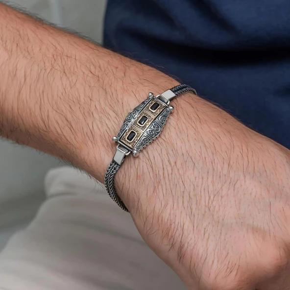 Siyah Üç Taş Motifli 925 Ayar Gümüş Erkek Bileklik - Resim 3