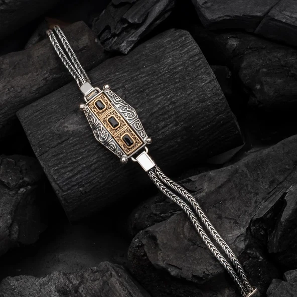 Siyah Üç Taş Motifli 925 Ayar Gümüş Erkek Bileklik ürün görseli 1
