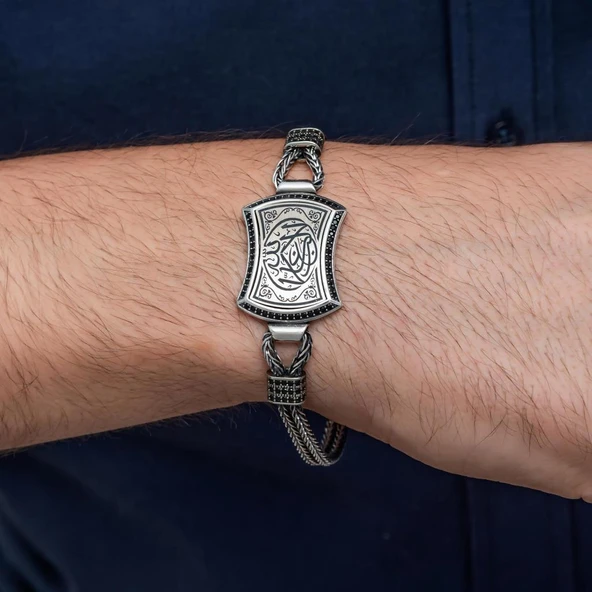 La Galibe İllallah Hat Yazılı 925 Ayar Gümüş Erkek Bileklik Künye - Resim 3