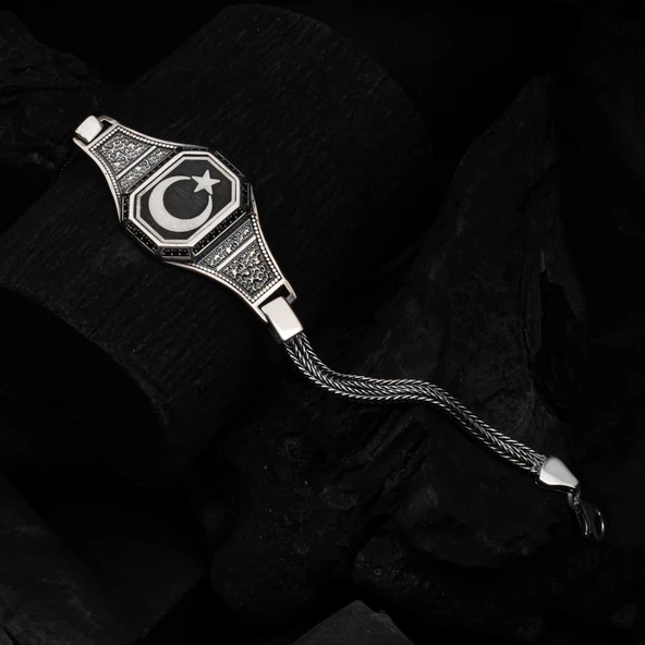 Ayyıldız Desenli 925 Ayar Gümüş Erkek Bileklik - Resim 7
