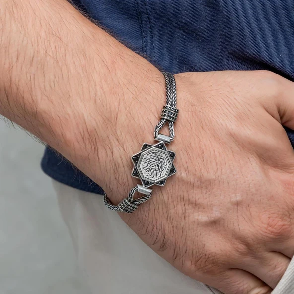 Kelimei Tevhid Hat Yazılı 925 Ayar Gümüş Erkek Bileklik - Resim 5