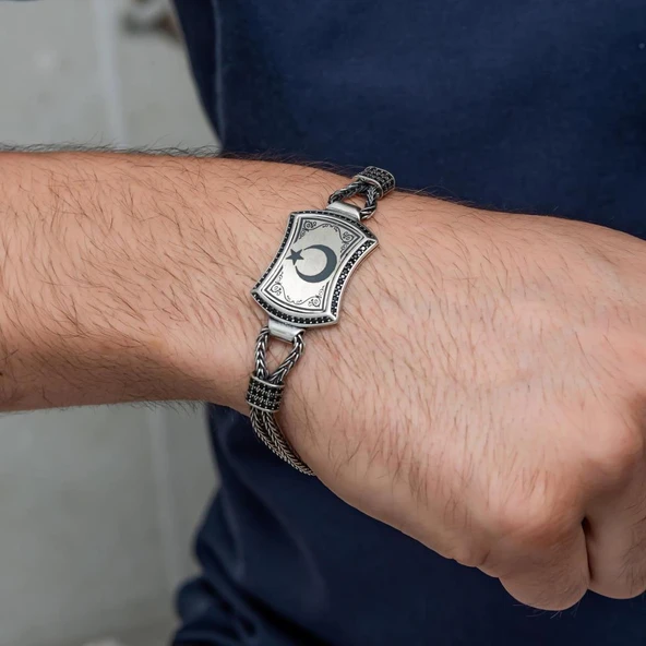 Ayyıldız Desenli 925 Ayar Gümüş Erkek Bileklik - Resim 2
