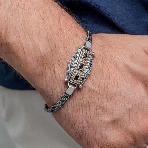 Siyah Üç Taş Motifli 925 Ayar Gümüş Erkek Bileklik - Resim 5