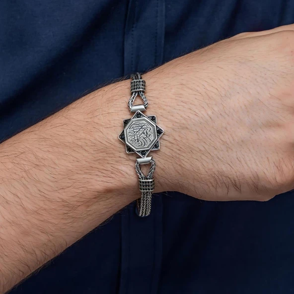 Kelimei Tevhid Hat Yazılı 925 Ayar Gümüş Erkek Bileklik - Resim 3