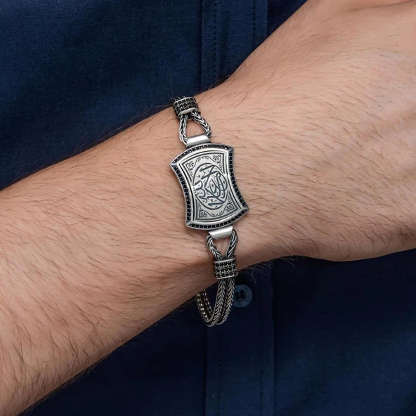 La Galibe İllallah Hat Yazılı 925 Ayar Gümüş Erkek Bileklik Künye - Resim 4