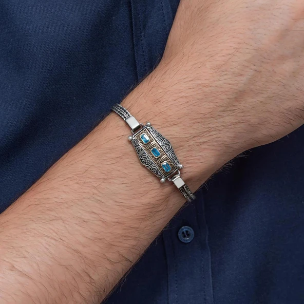 Mavi Üç Taş Motifli 925 Ayar Gümüş Erkek Bileklik - Resim 6