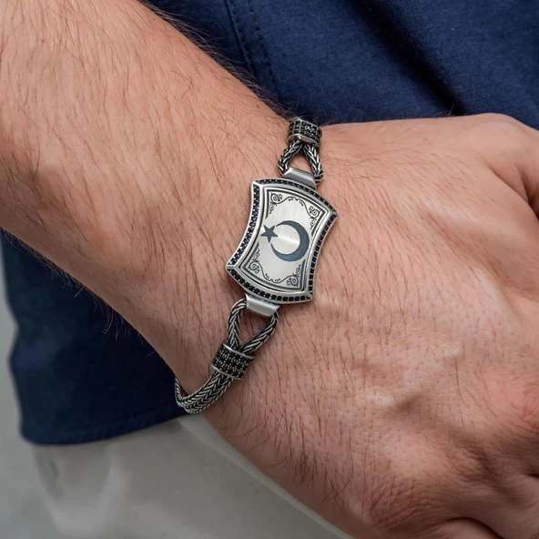 Ayyıldız Desenli 925 Ayar Gümüş Erkek Bileklik - Resim 5