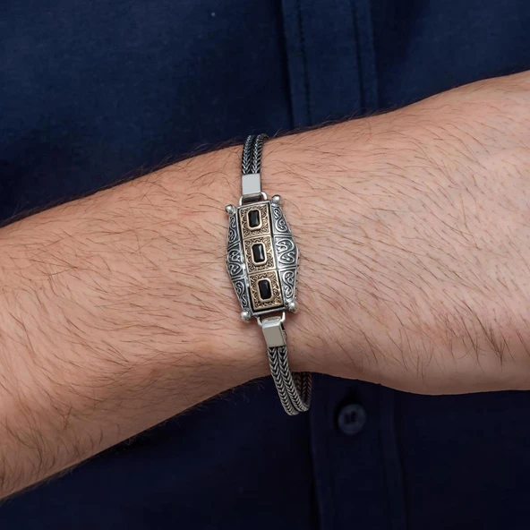 Siyah Üç Taş Motifli 925 Ayar Gümüş Erkek Bileklik - Resim 4