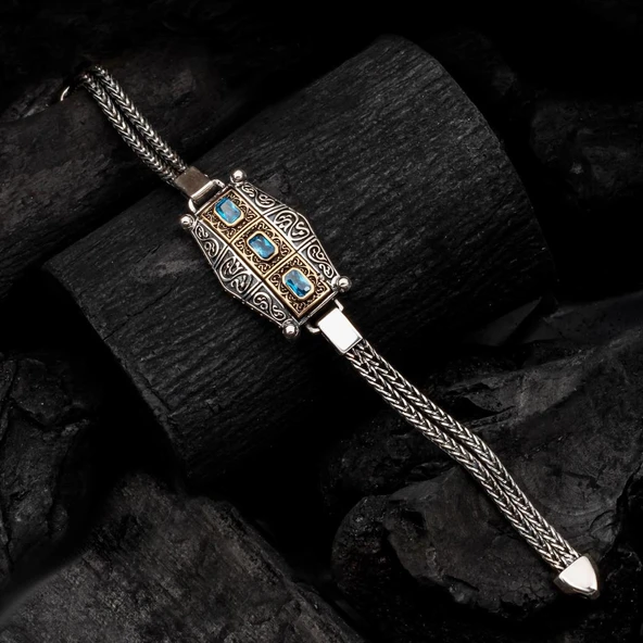 Mavi Üç Taş Motifli 925 Ayar Gümüş Erkek Bileklik ürün görseli 1