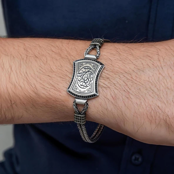 La Galibe İllallah Hat Yazılı 925 Ayar Gümüş Erkek Bileklik Künye - Resim 2