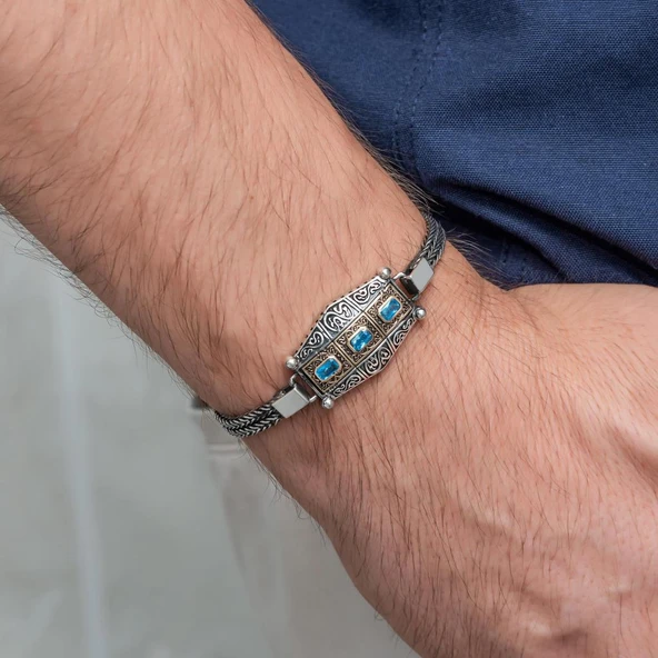 Mavi Üç Taş Motifli 925 Ayar Gümüş Erkek Bileklik - Resim 5