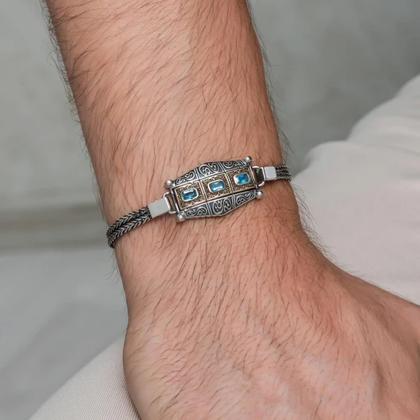 Mavi Üç Taş Motifli 925 Ayar Gümüş Erkek Bileklik - Resim 3