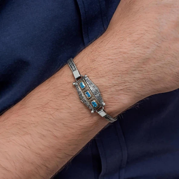 Mavi Üç Taş Motifli 925 Ayar Gümüş Erkek Bileklik - Resim 4