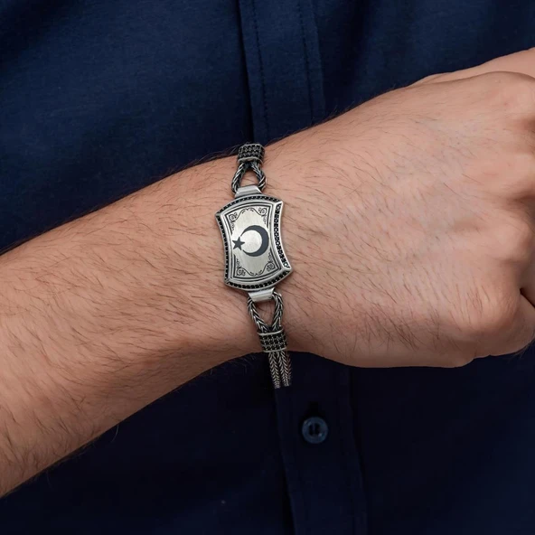 Ayyıldız Desenli 925 Ayar Gümüş Erkek Bileklik - Resim 3