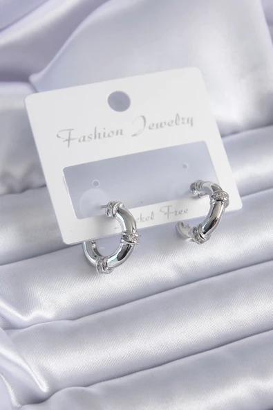 Gümüş Renk Zirkon Taşlı Halka Model Pirinç Kadın Küpe ürün görseli 1