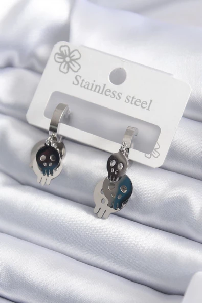 316L Çelik Gümüş Renk Sallantı Kuru Kafa Model Kadın Küpe ürün görseli 1