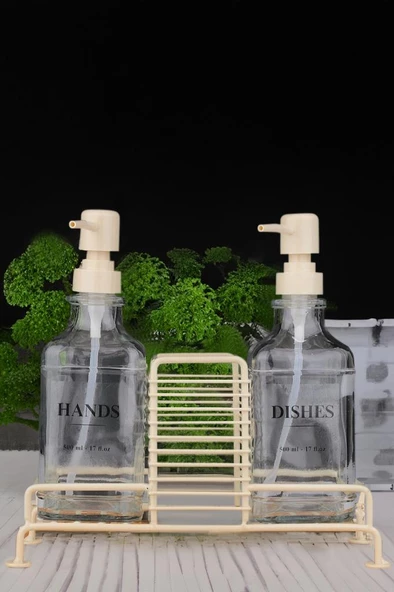 Digithome 2’li Metal Standlı Cam Sıvı Sabun ve Losyon Şişesi Sabunluk 500 Ml Krem – B/1 C1-1-289