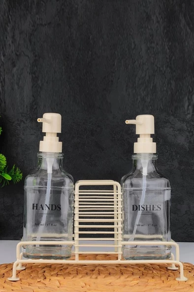 Digithome 2’li Metal Standlı Cam Sıvı Sabun ve Losyon Şişesi Sabunluk 500 Ml Krem – B/1 C1-1-289 - 2