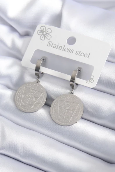 316L Çelik Gümüş Renk Pentagram İşleme Model Kadın Küpe ürün görseli 1