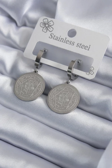 316L Çelik Gümüş Renk Pentagram Yıldızı İşleme Kadın Küpe ürün görseli 1