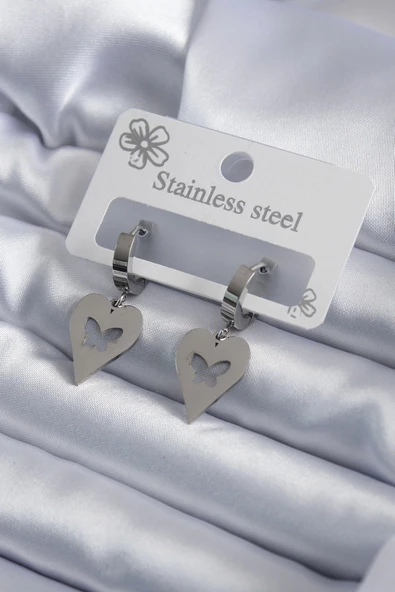 316L Çelik Gümüş Renk Kalp Model Kelebek İşleme Kadın Küpe ürün görseli 1