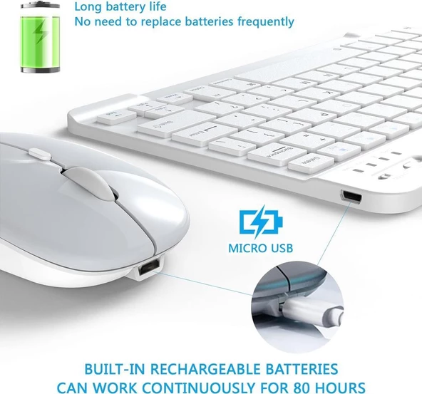 Samsung Galaxy Note 10.1" GT-N8000 Uyumlu Kablosuz Bluetooth Şarjlı Klavye Şarjlı Mouse Seti - Beyaz - Resim 3