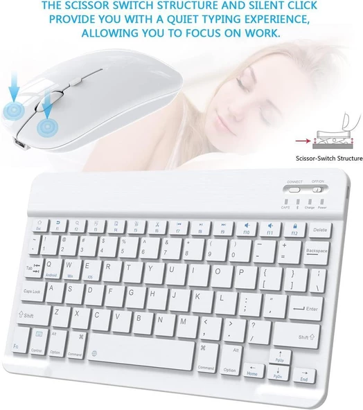 Samsung Galaxy Note 10.1" GT-N8000 Uyumlu Kablosuz Bluetooth Şarjlı Klavye Şarjlı Mouse Seti - Beyaz - Resim 5