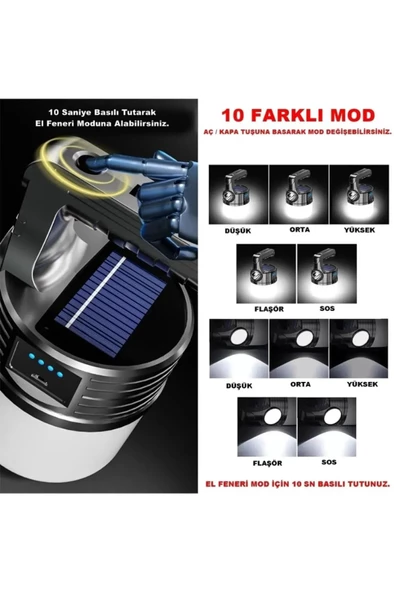 P-300w 10modlu Güneş Enerjili Solar Aydınlatma Kamp Çadır Lambası Ampül Led Şarjlı Işıldak El Feneri - 2